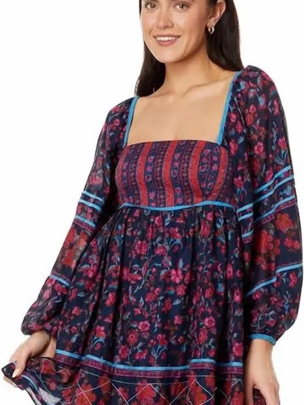 Free People Navy Mini Dress with Pink Floral and Blue Trim